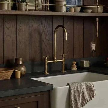 Antique Brass Bridge Faucet ¡ª Solid Unlacquered Brass Kitchen Faucet, 8¡å Spread
