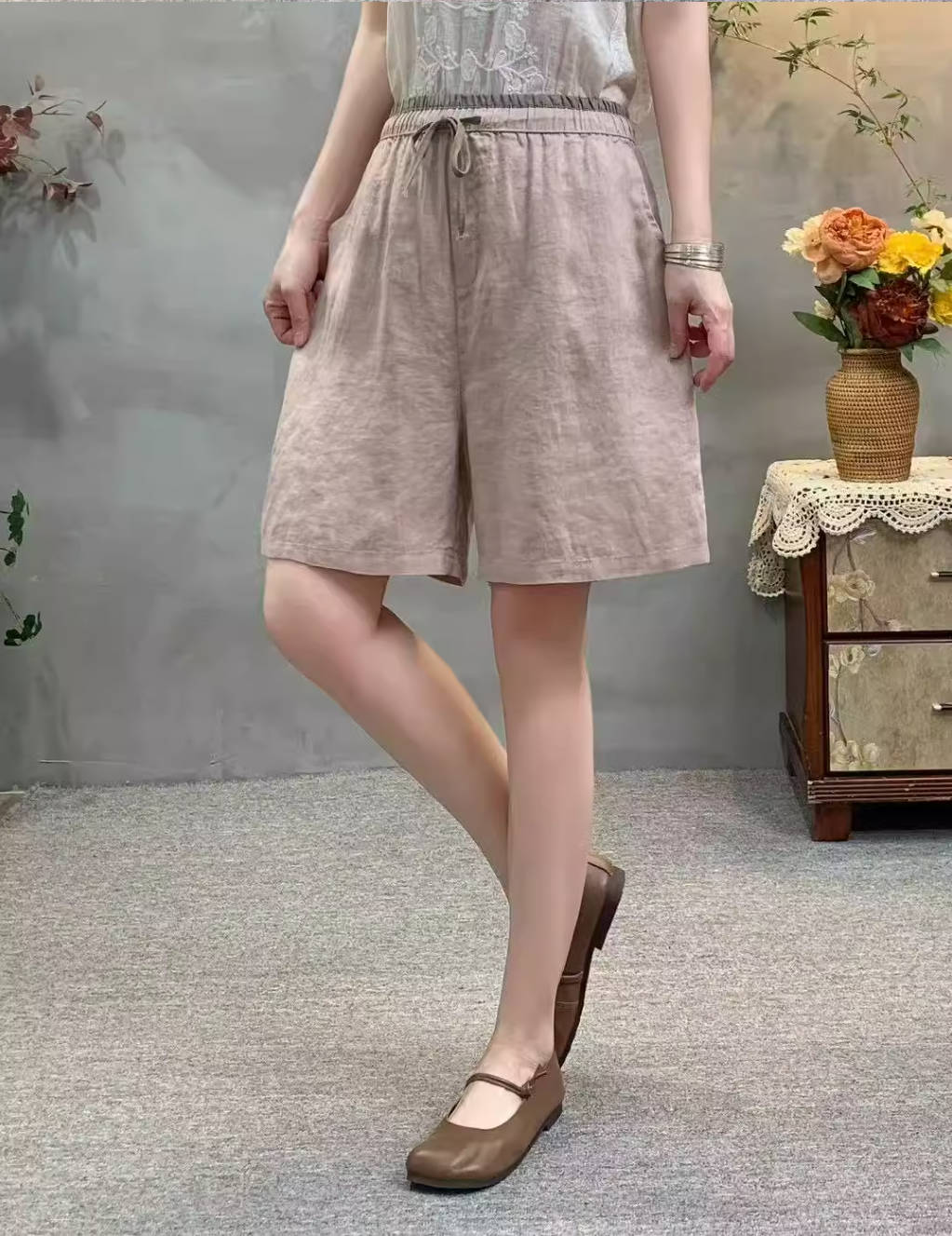 Babakud Summer Retro Linen Casual Elastic Waist Versatile Shorts