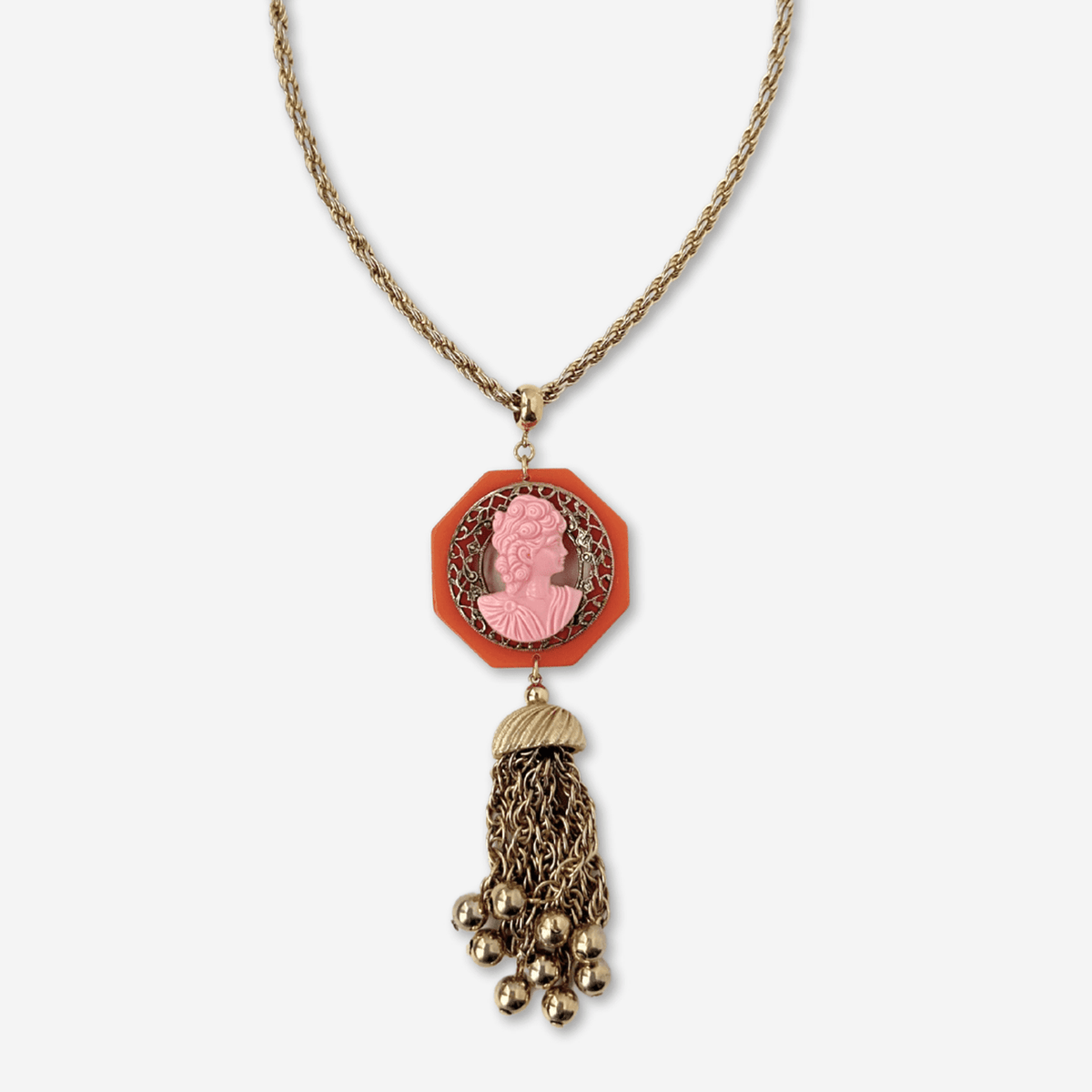 Pink and Orange Bakelite Vintage Cameo Pendant Necklace Charm