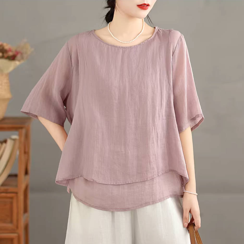 Retro Ramie Thin Round Neck Breatable Loose Elegant Tops
