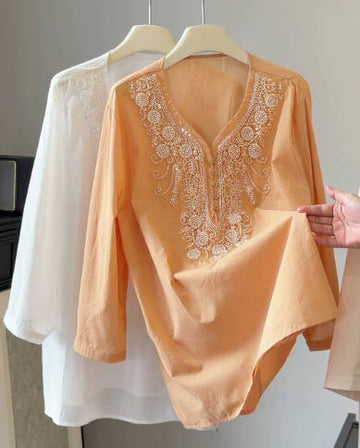 Vintage Beaded Cotton Linen V-Neck 3/4 Sleeve Loose Fit Shirt