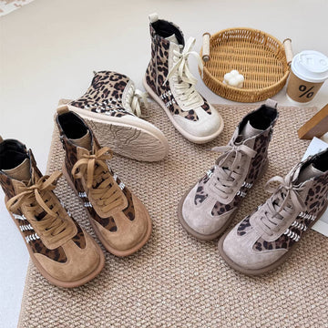 Women Sueded Retro Leopard Patchwork Lace-Up Zipper Ankle Boots