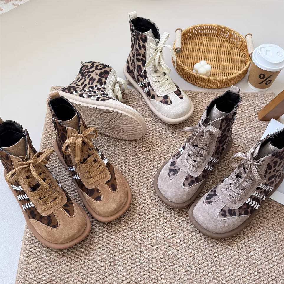 Women Sueded Retro Leopard Patchwork Lace-Up Zipper Ankle Boots