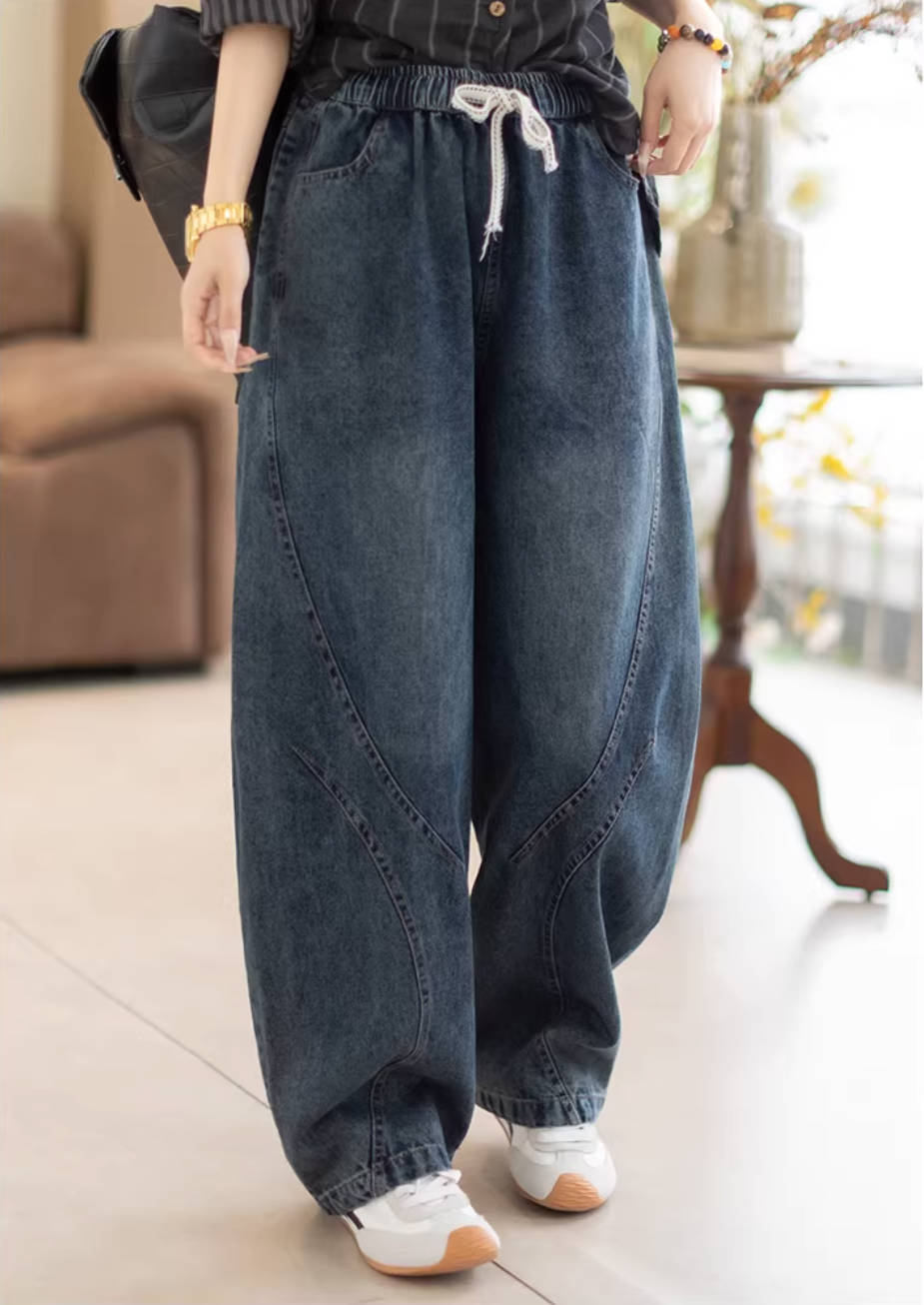 Denim Spring Retro Elastic Waist Casual Everyday Long Loose Jeans