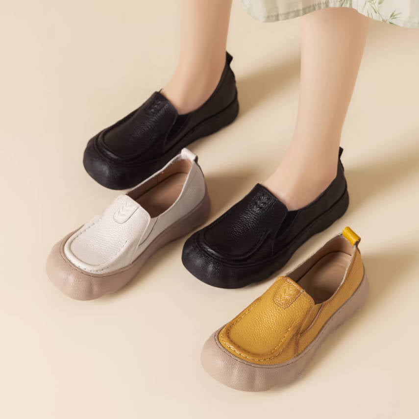 Women Leather Round Toe Soft Sole Casual Slip-On Flats