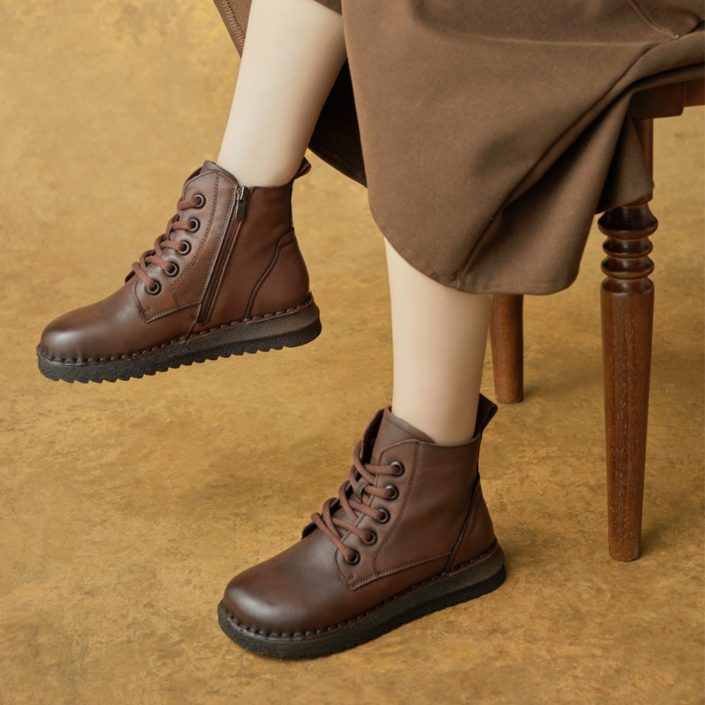 Autumn Top Leather Retro Round Toe Soft Flat Sole Zipper Ankle Boots