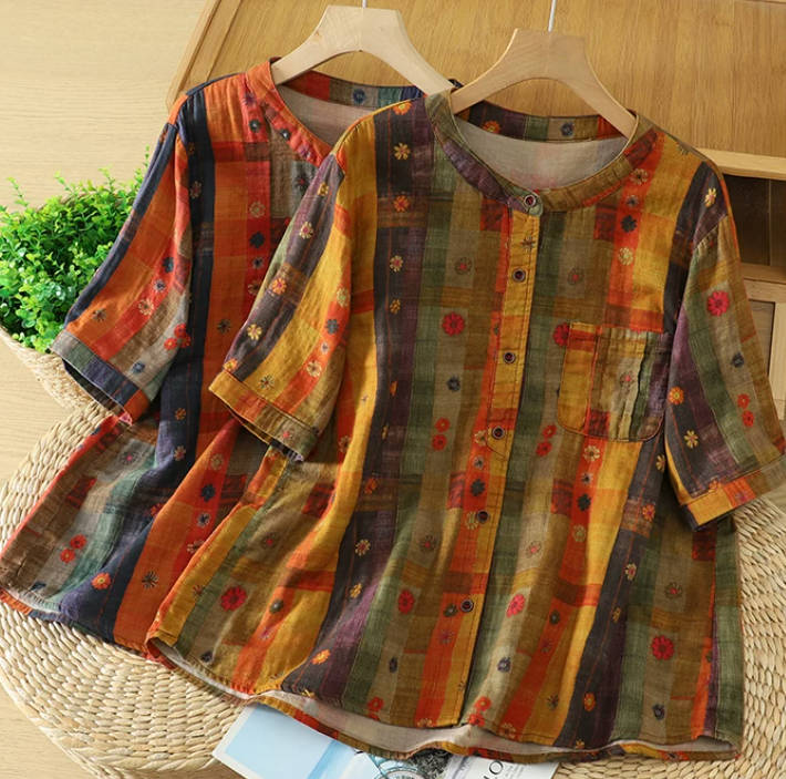 Vintage Patchwork Casual Short Sleeve Round Neck Loose Shirt