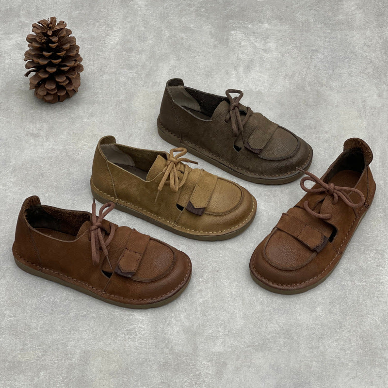 Casual Leather Versartile Velcro Cut Out Lace-Up Soft Sole Flats