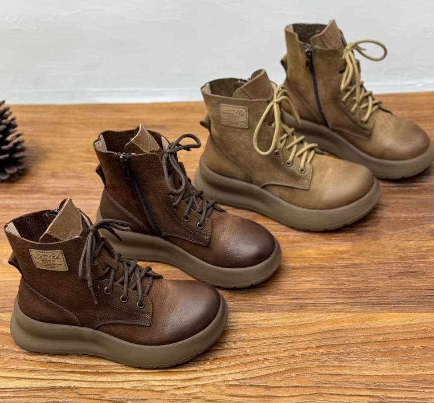 Vintage Genuine Leather Round Toe Lace Up Casual Boots
