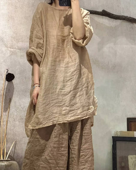 Women Casual Loose Ramie Shirt Versatile Solid Color Pullover Midi Top