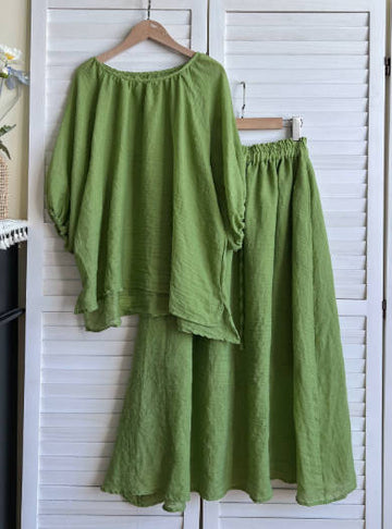 Casual Solid Color Lightweight Cotton Voile Crew Neck Top Loose Skirt Top Set