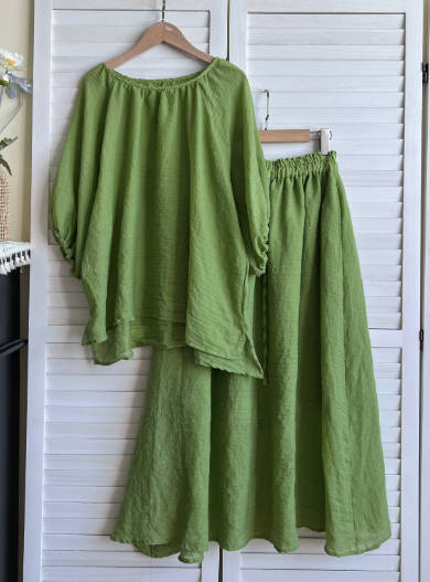Casual Solid Color Lightweight Cotton Voile Crew Neck Top Loose Skirt Top Set
