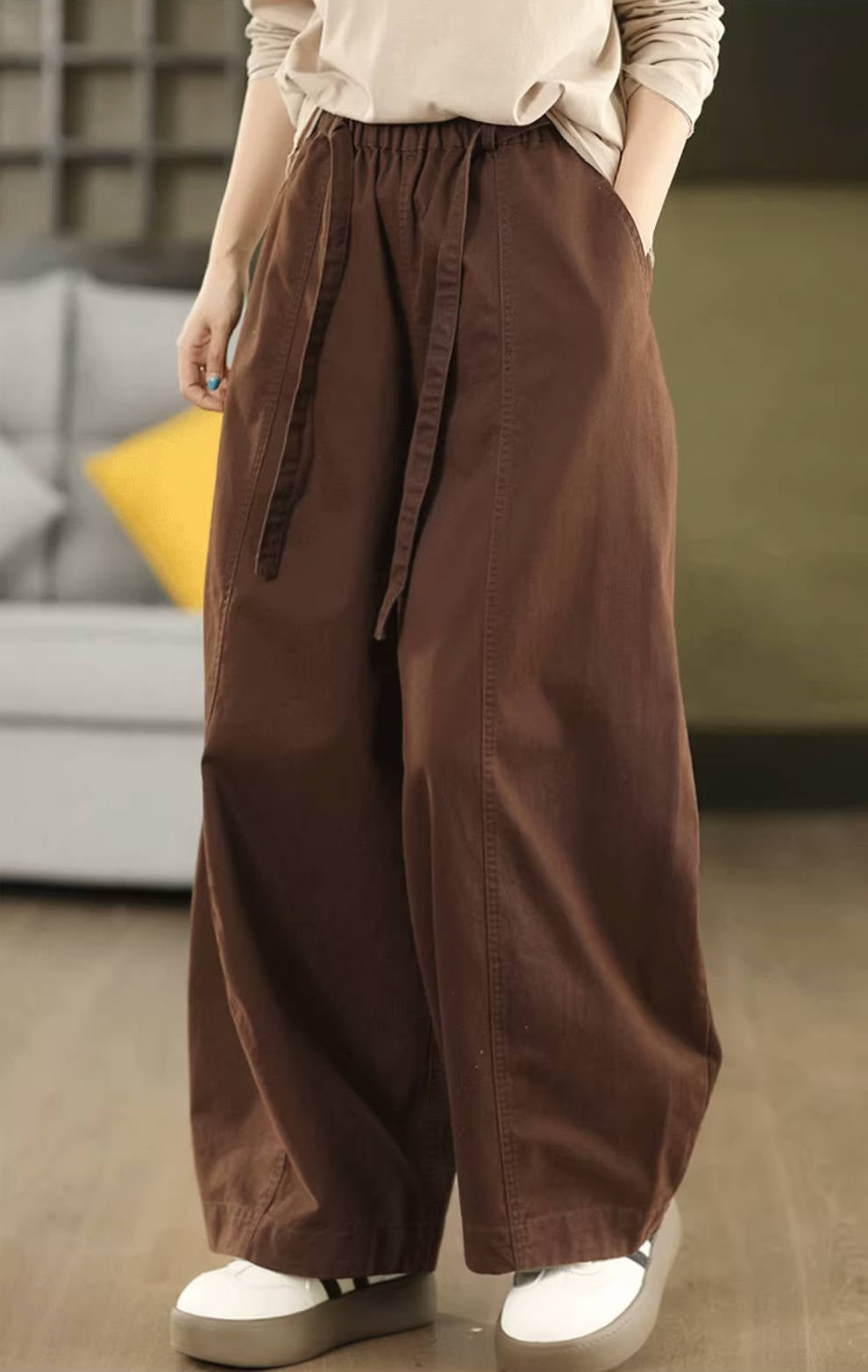 Retro Cotton Casual Solid Color Elastic Waist Wide Leg Pants