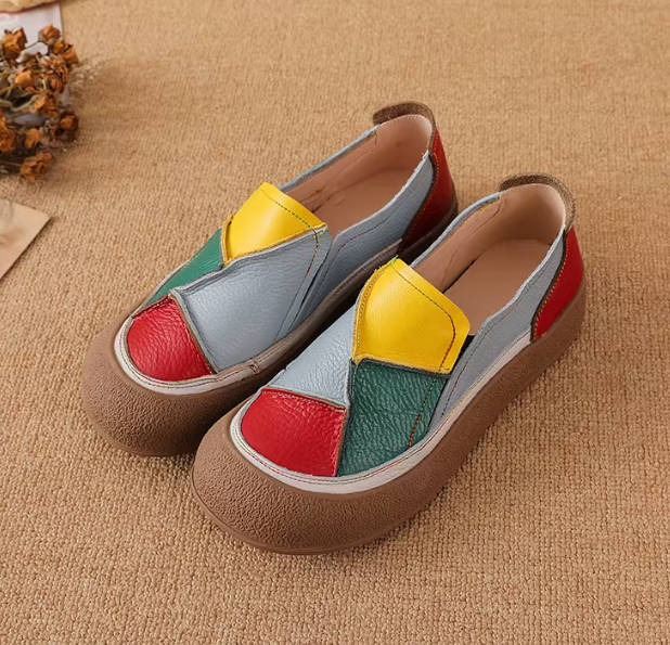 Spring Genuine Top Leather Patchwork Casual Shoes Slip-On