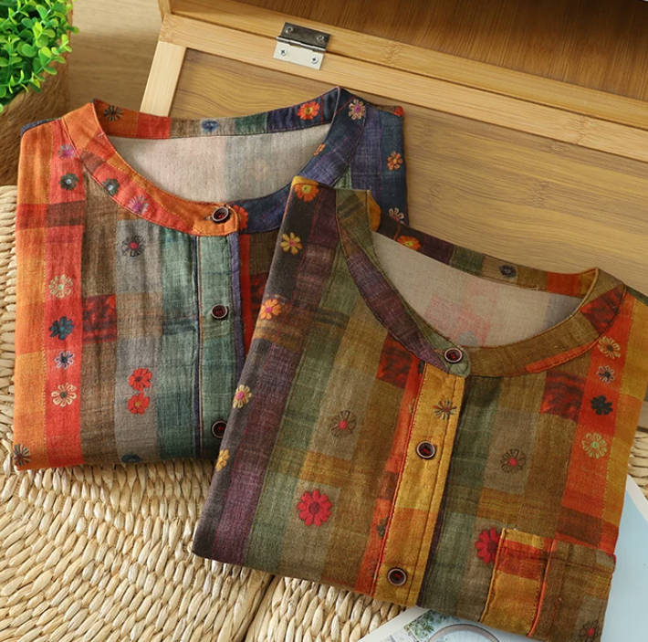 Vintage Patchwork Casual Short Sleeve Round Neck Loose Shirt