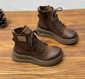 Vintage Genuine Leather Round Toe Lace Up Casual Boots