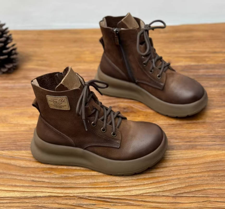 Vintage Genuine Leather Round Toe Lace Up Casual Boots