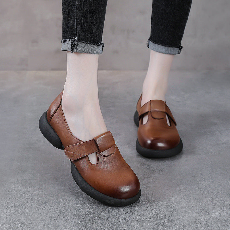 Women Spring Retro Classic Leather Soft Sole Straped Flats