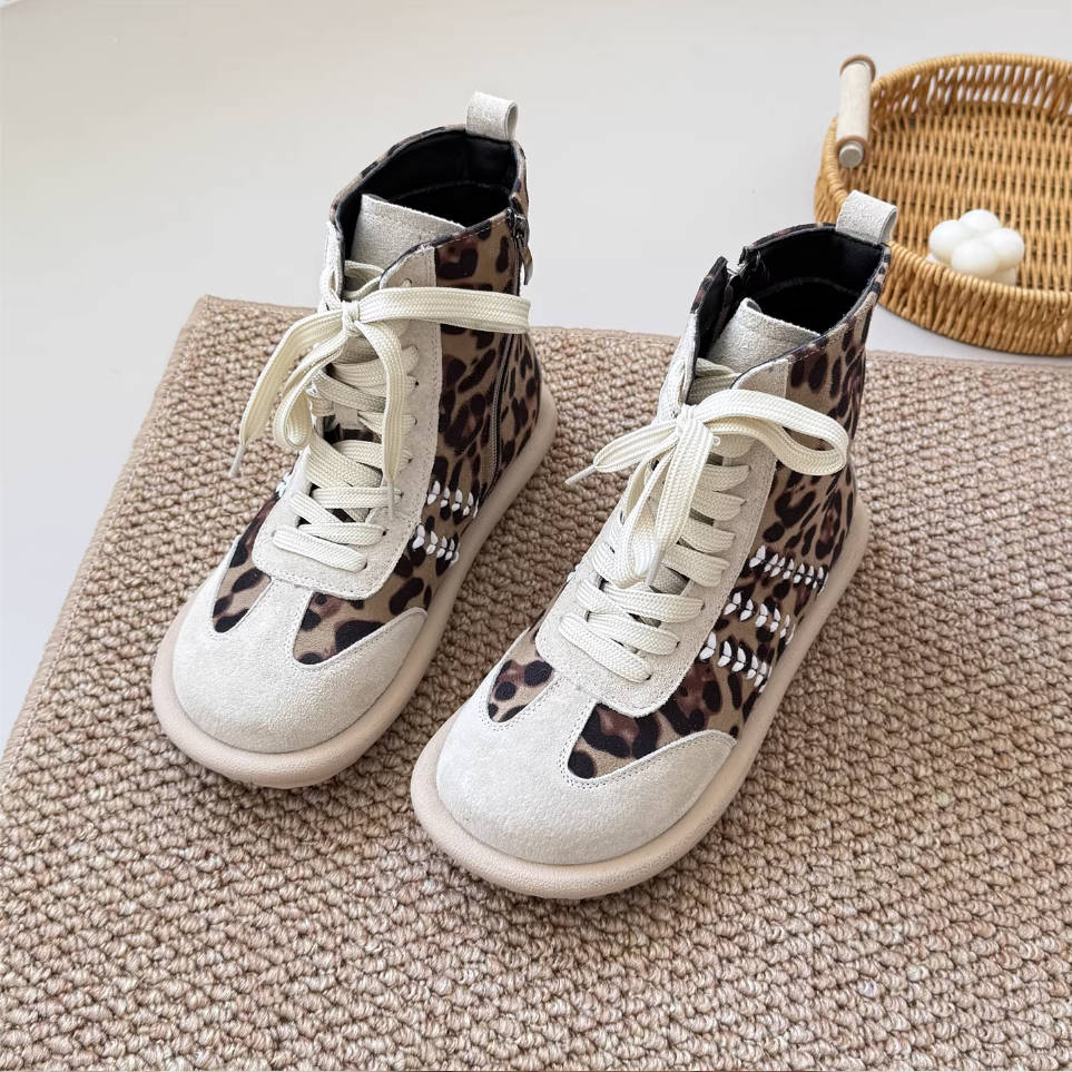 Women Sueded Retro Leopard Patchwork Lace-Up Zipper Ankle Boots