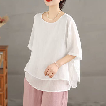Retro Ramie Thin Round Neck Breatable Loose Elegant Tops