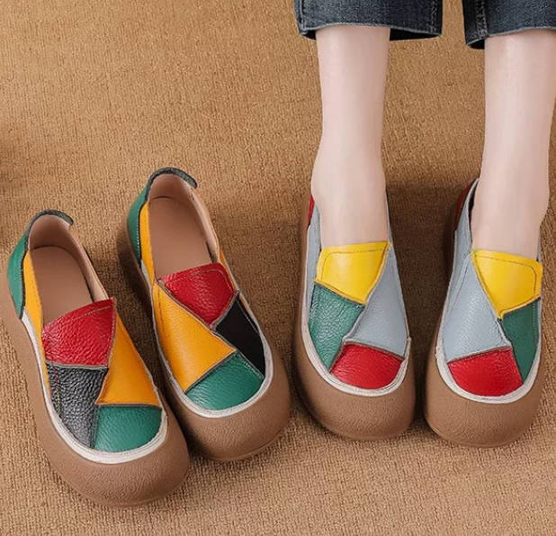 Spring Genuine Top Leather Patchwork Casual Shoes Slip-On