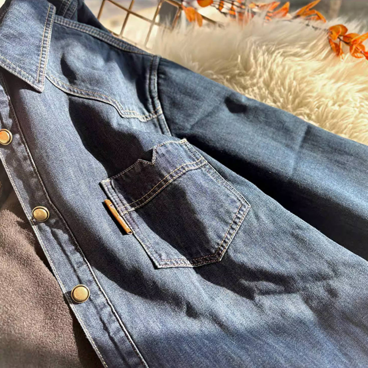 Retro Denim Warm Plush Loose Slim Casual Versatile Shirt Coat