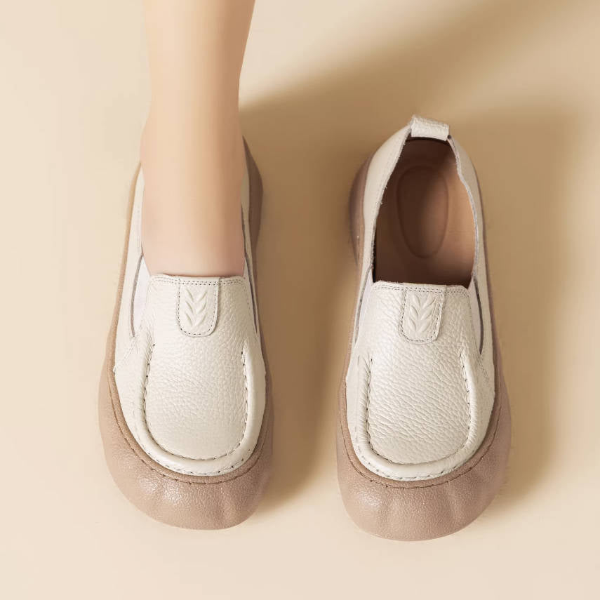 Women Leather Round Toe Soft Sole Casual Slip-On Flats