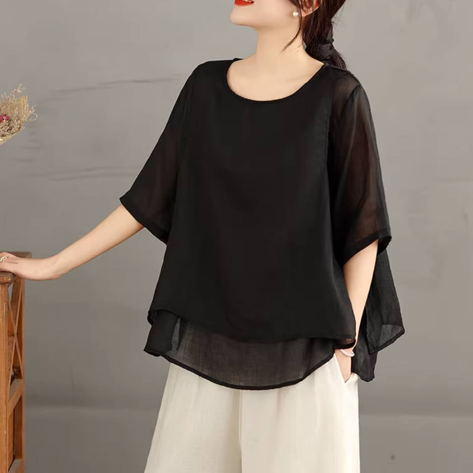 Retro Ramie Thin Round Neck Breatable Loose Elegant Tops