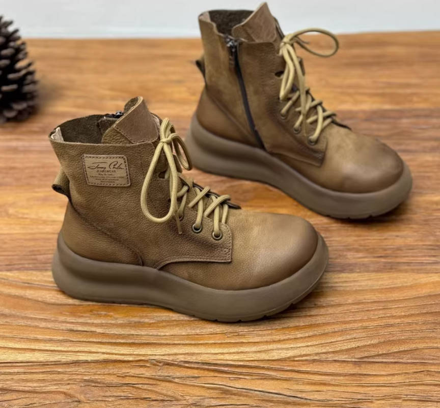 Vintage Genuine Leather Round Toe Lace Up Casual Boots