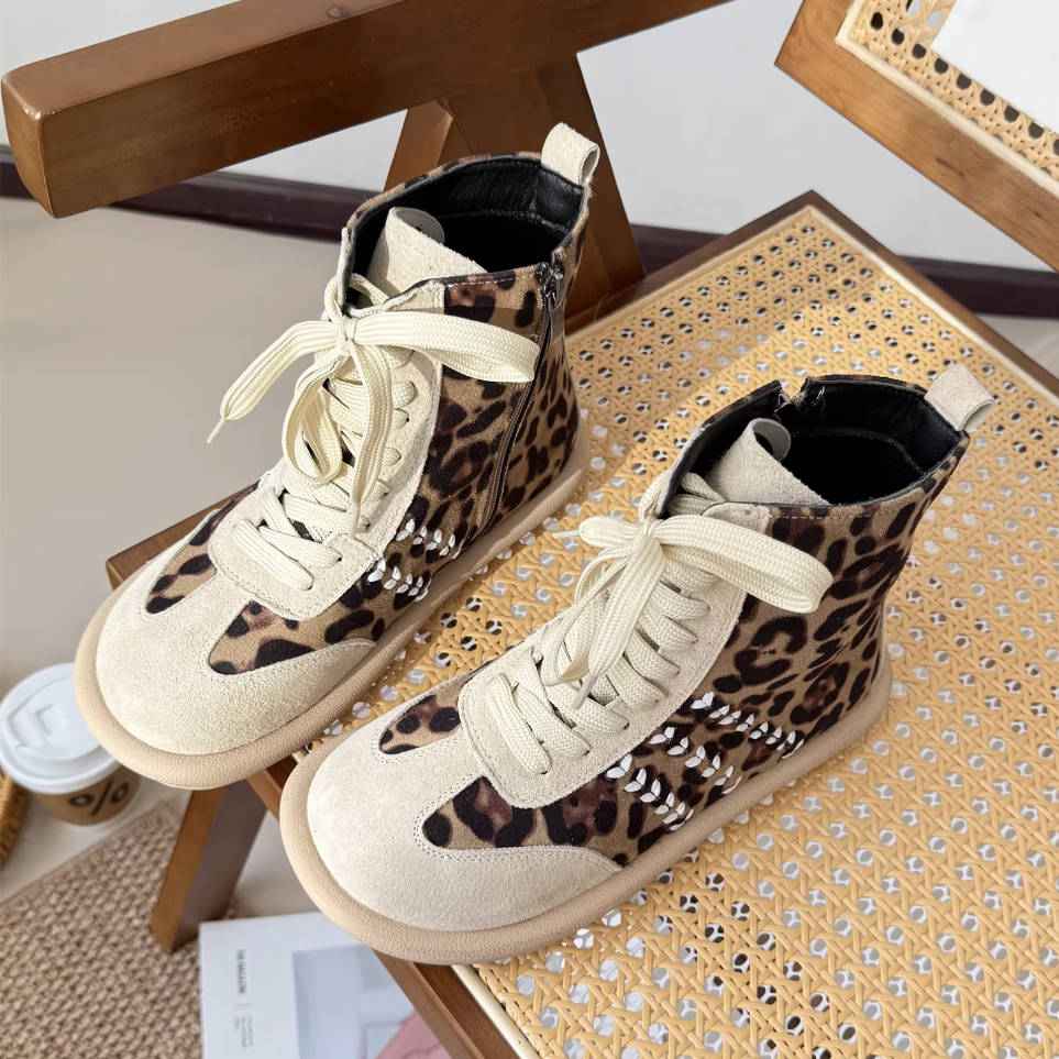 Women Sueded Retro Leopard Patchwork Lace-Up Zipper Ankle Boots