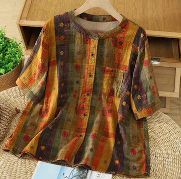 Vintage Patchwork Casual Short Sleeve Round Neck Loose Shirt