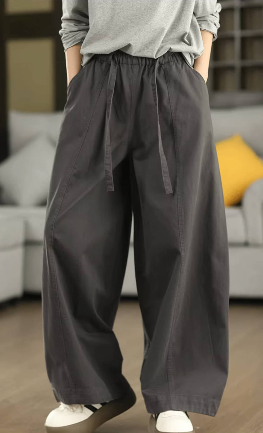 Retro Cotton Casual Solid Color Elastic Waist Wide Leg Pants