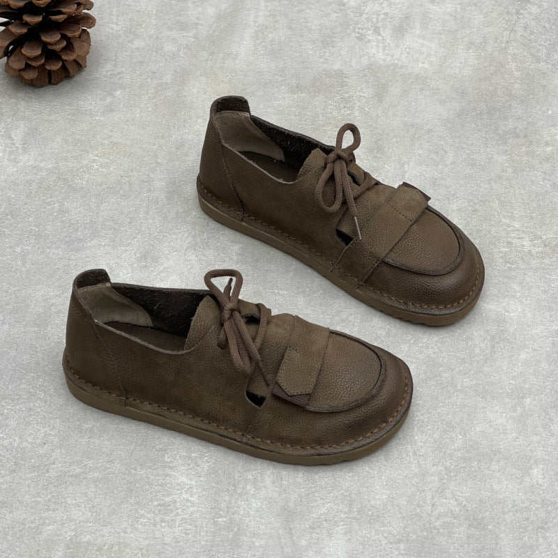Casual Leather Versartile Velcro Cut Out Lace-Up Soft Sole Flats