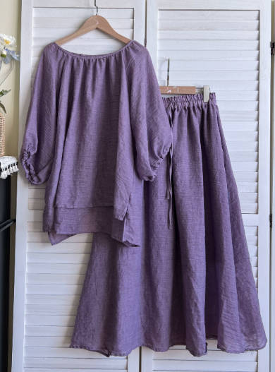 Casual Solid Color Lightweight Cotton Voile Crew Neck Top Loose Skirt Top Set