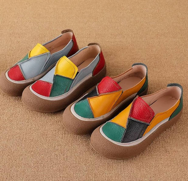 Spring Genuine Top Leather Patchwork Casual Shoes Slip-On