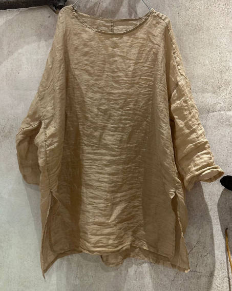 Women Casual Loose Ramie Shirt Versatile Solid Color Pullover Midi Top