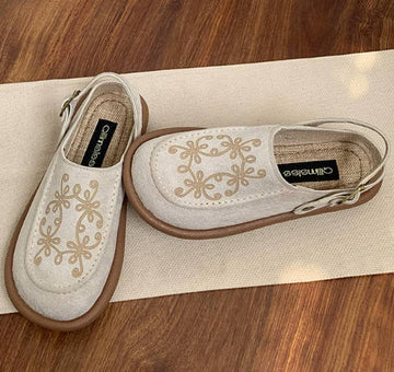 Retro Women Flower Open-Back Mule Sandals Slip-On