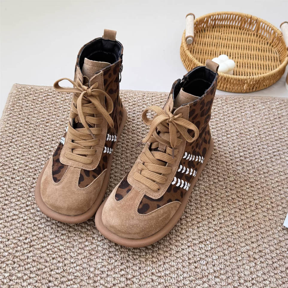Women Sueded Retro Leopard Patchwork Lace-Up Zipper Ankle Boots