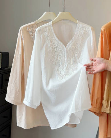 Vintage Beaded Cotton Linen V-Neck 3/4 Sleeve Loose Fit Shirt