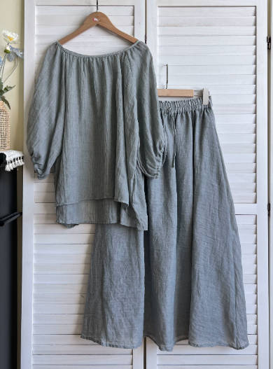 Casual Solid Color Lightweight Cotton Voile Crew Neck Top Loose Skirt Top Set