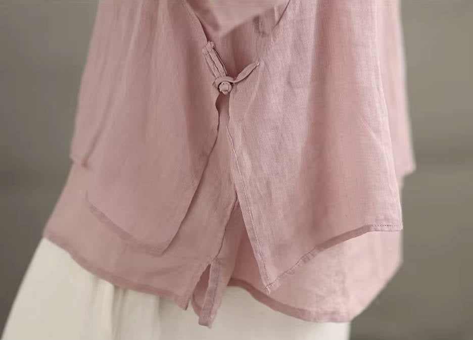 Retro Ramie Thin Round Neck Breatable Loose Elegant Tops