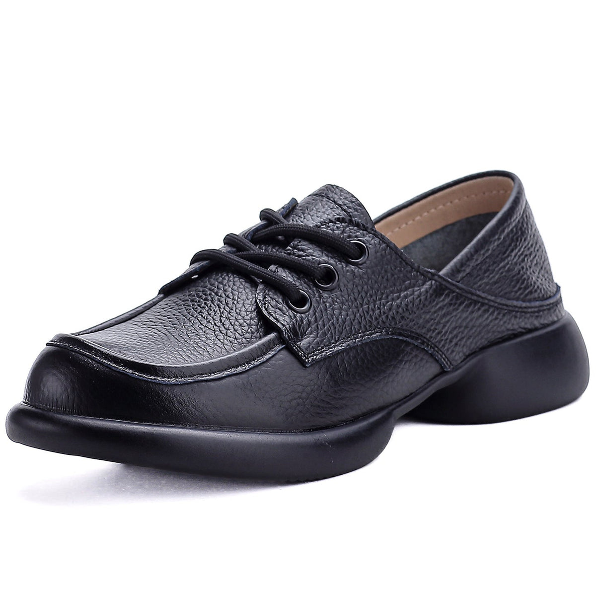 Spring Leather Retro Round Toe Soft Flat Sole Comfy Versatile Shoes