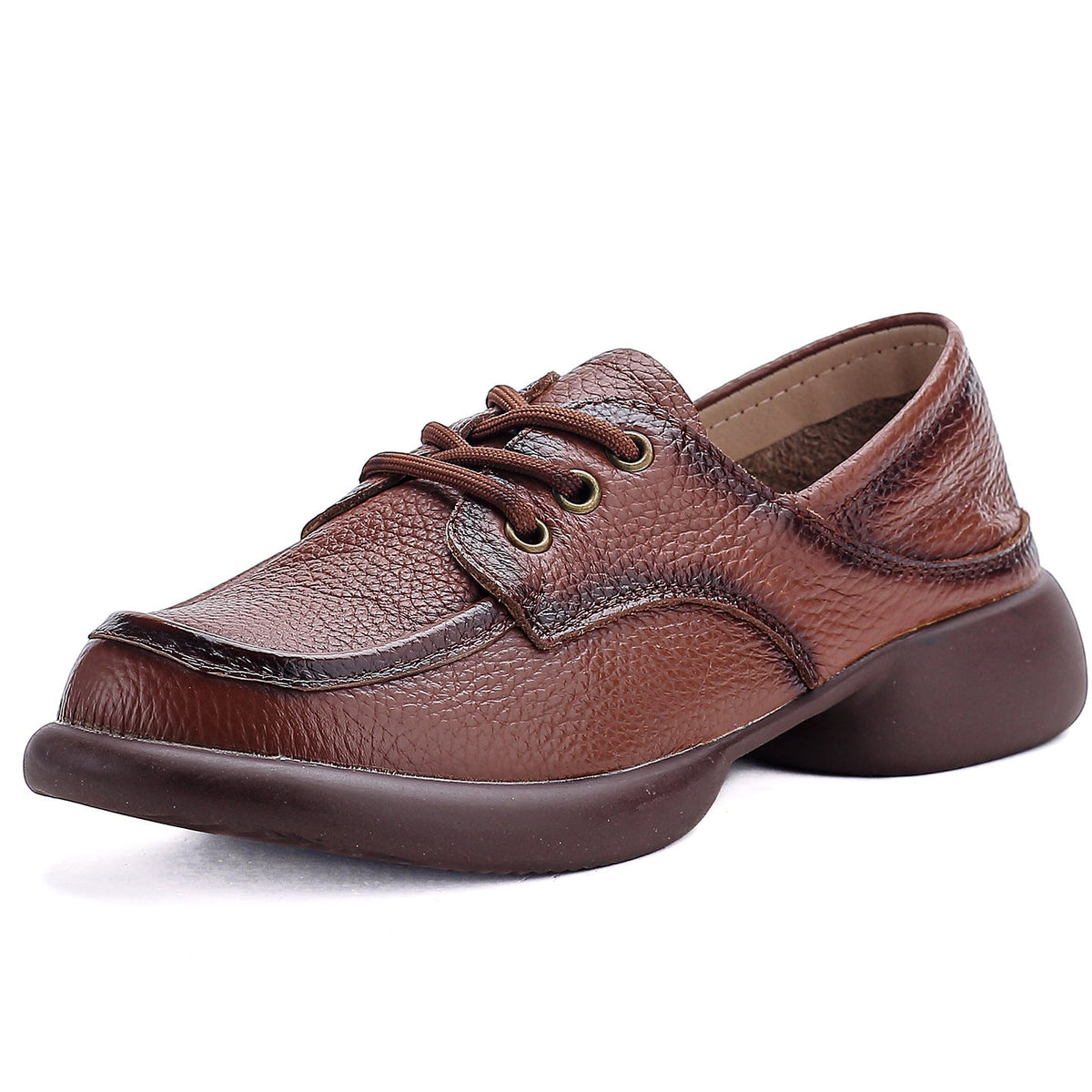 Spring Leather Retro Round Toe Soft Flat Sole Comfy Versatile Shoes
