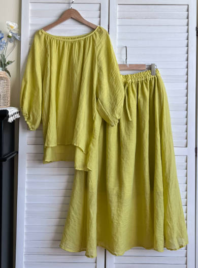 Casual Solid Color Lightweight Cotton Voile Crew Neck Top Loose Skirt Top Set