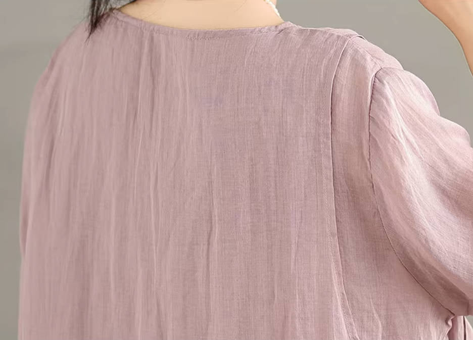 Retro Ramie Thin Round Neck Breatable Loose Elegant Tops