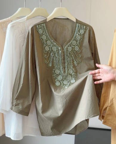 Vintage Beaded Cotton Linen V-Neck 3/4 Sleeve Loose Fit Shirt
