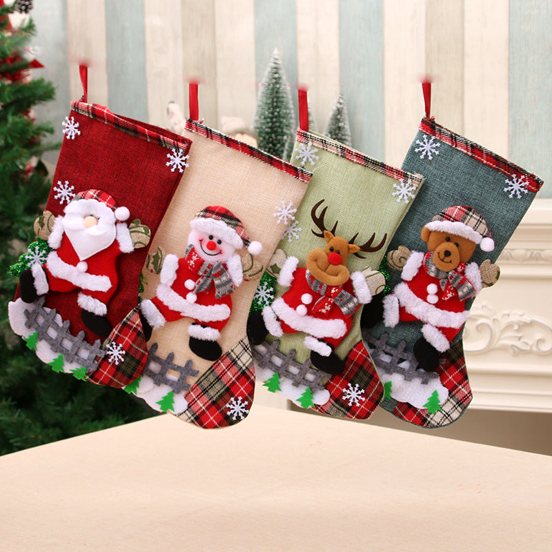 Large Christmas Stocking Linen Gift Bag Decoration