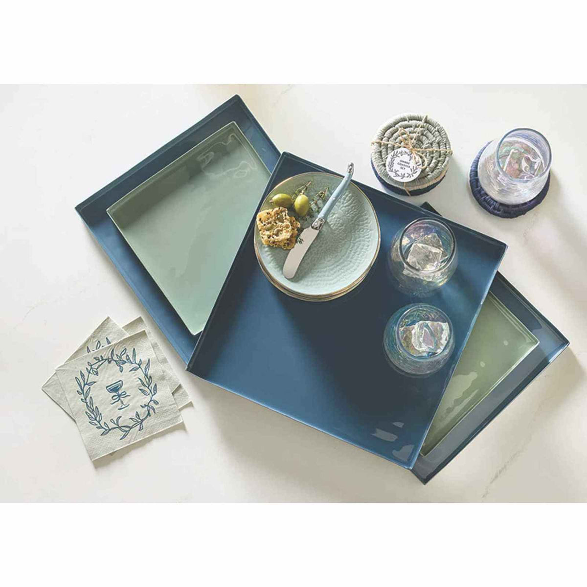 Nested Blue Enamel Blue Square Trays - Set of 3