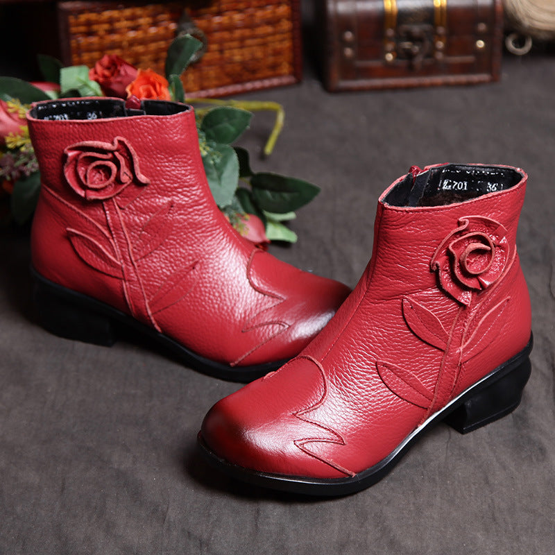 Ladies Ethnic Style Retro Chunky Heel Flower Short Boots