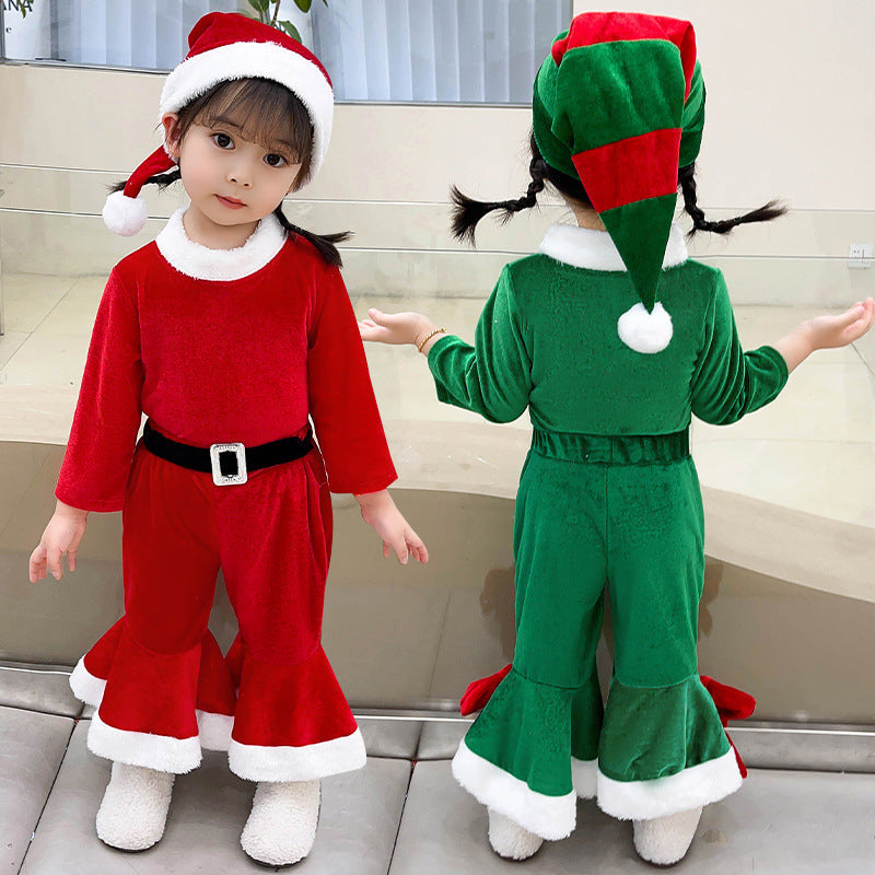 Christmas Kids Costume Red Green Bell-Bottom Pants Set